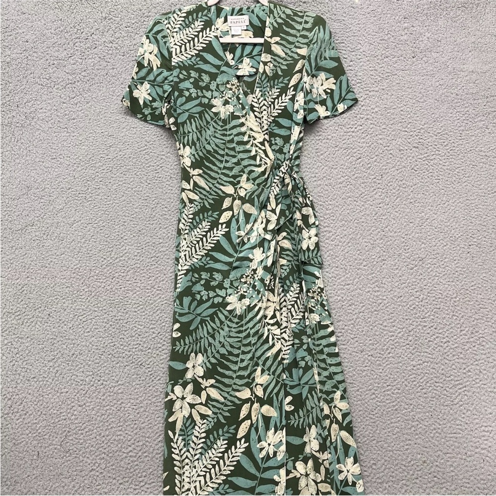 Adrianna Papell Green and White Silk Wrap Midi Dress
